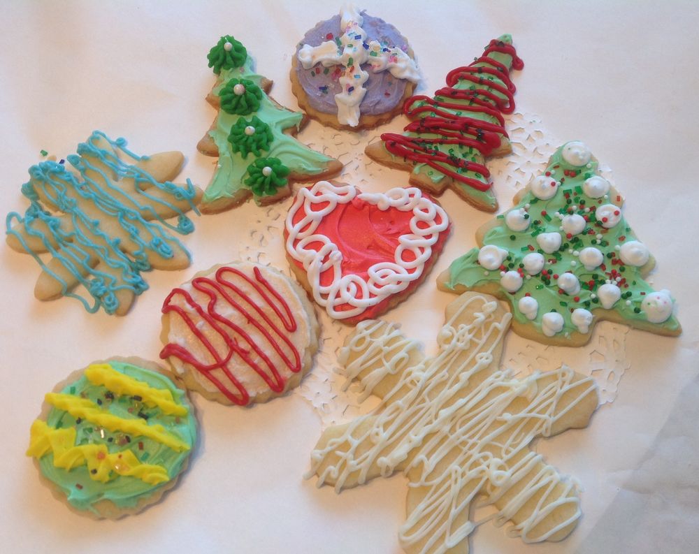 Colorful iced holiday cookies decorated by hand